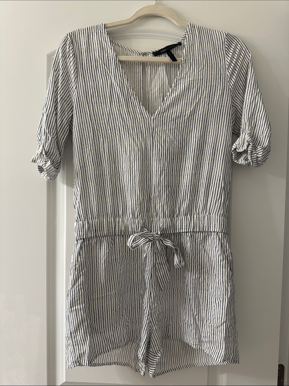 BCBGMaxAzria White and Black Striped Short Sleeve Jumpsuit Romper